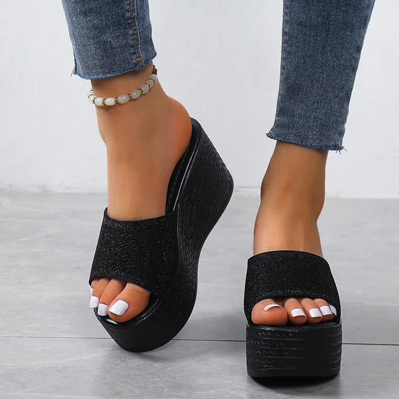 Single Band Wedge Slides Sandals Slippers Women High Heels Thick Bottom Casual Shoes Summer Platform Mules Slipper Plus Size 43