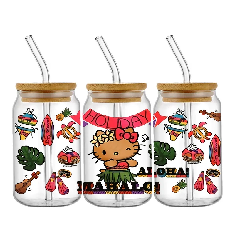 Miniso Hello Kitty Beach UV DTF Cup Wraps Cartoon Transfer Sticker For Glass 16OZ Libbey Can Bottle Self-adhesive Washable DIY