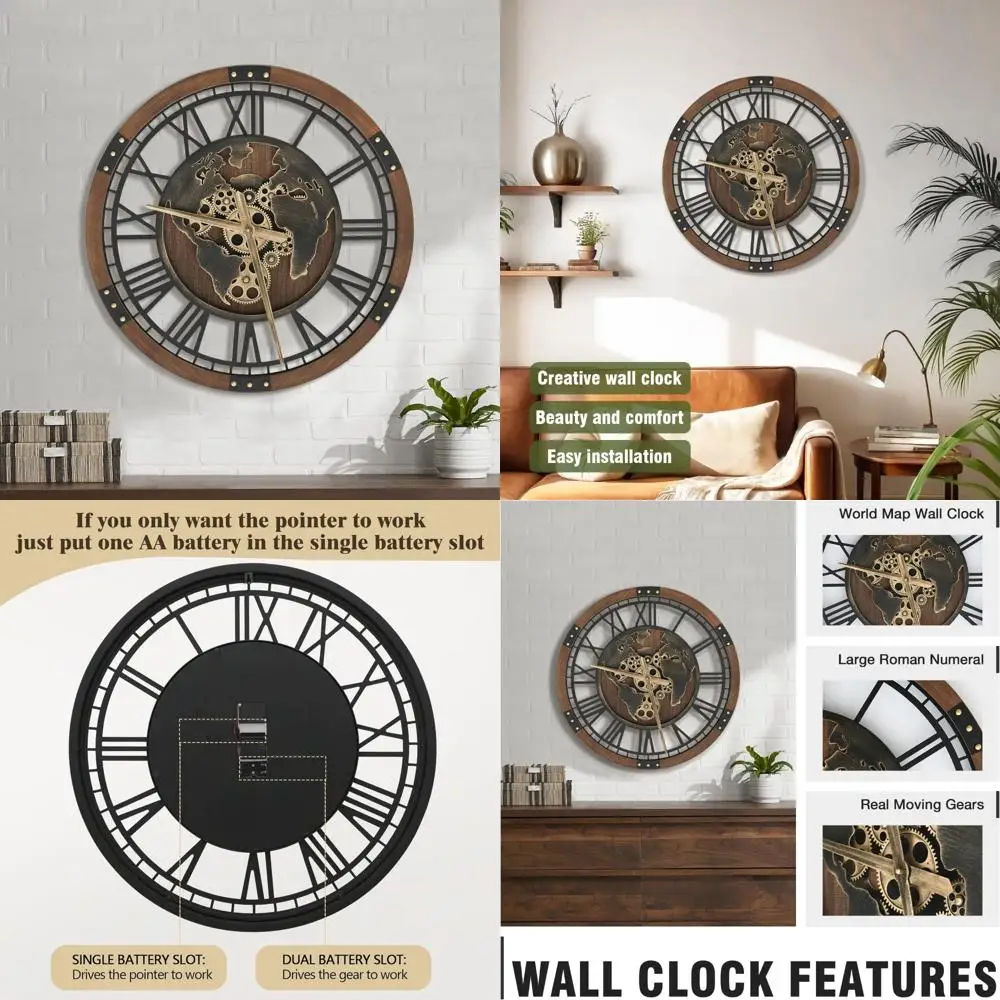 

Vintage Large 24 Inch Brown Wall Clock with World Map, Real Gears, Non-Ticking, Battery Powered, Wood Frame