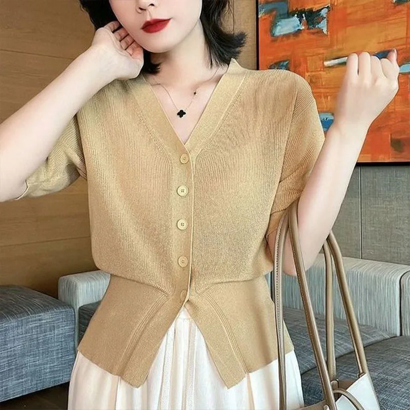 Summer Sweet French V-neck Knit Cardigan Women Clothing Fashion All-match Solid Slim T-shirt Office Lady Button Sweater Tops