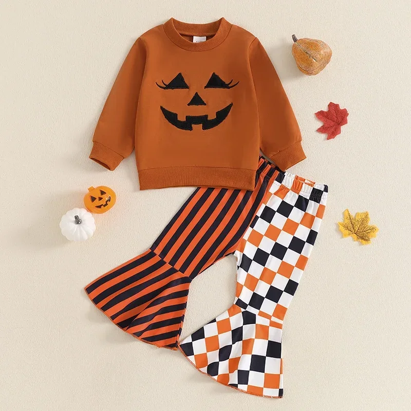 

Kids Baby Girls Clothing Pumpkin Embroidery Long Sleeve Sweatshirts Striped Flare Pants Set Halloween Outfits