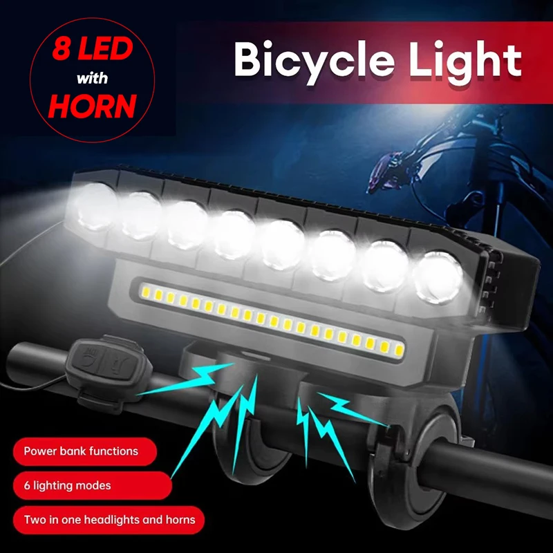 Bicycle Lights Front Lamp 8 LED Bike Headlight 4000mAh with Horn USB Rechargeable Type-C 5 LED Road Mountain Cycling Flashlight