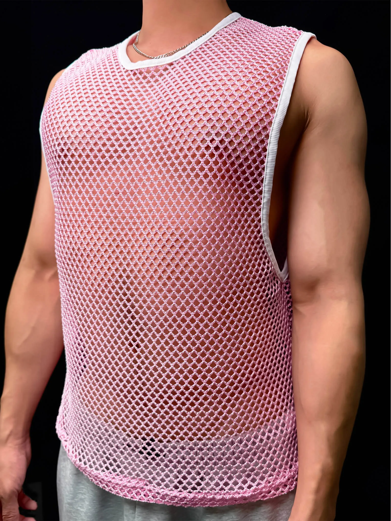 Sommer Herren Rundhals Sport-Tanktops, Hohles Netzgewebe, Ärmellos, für Laufen, Fitness, Training, Sportweste, Glänzend, Durchsichtig – Detail 17