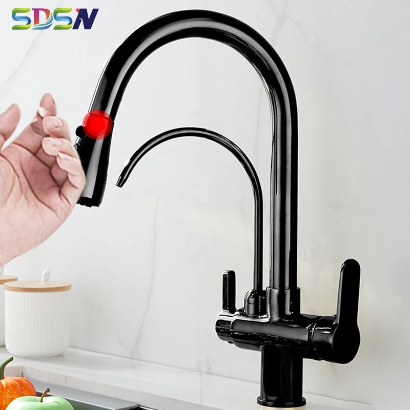 Black Touch Kitchen Mixer Tap Brass Three Ways Hot Cold Pull Out Kitchen Sink Mixer Taps Smart Sensor Touch Kitchen Faucet