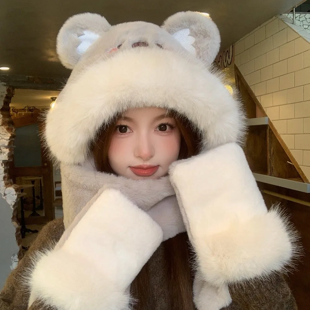 3pcs/Set 3 Piece Set Bear Hat Scarf Gloves Set Polyester Cold Proof Winter Hat Scarf Gloves Set Earflap