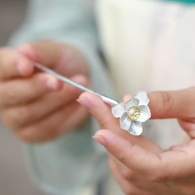 

Narcissus Petals S Silver Plated Plate Hairpin, Children's Ethnic Style Retro Daily Hanfu Qipao Accessories, One Character