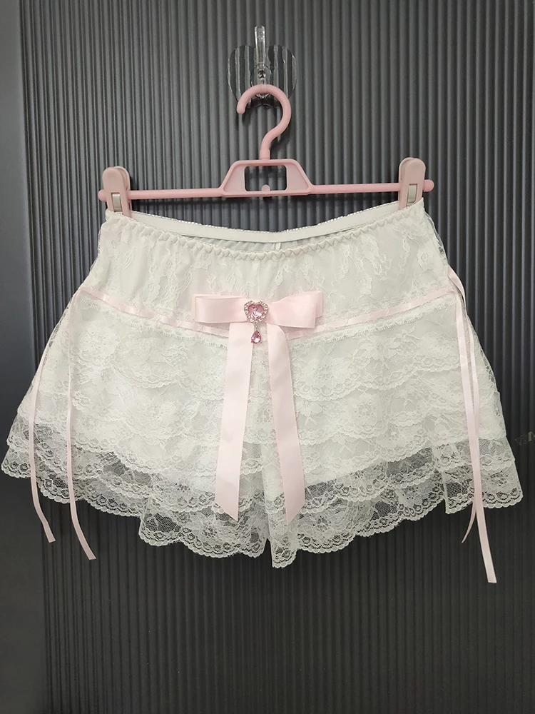 Cute Lace Shorts Lolita Safety Short Pants for Sweet Girls Elastic Waist Pink Bow Multilayer Bottoming Shorts Underwear