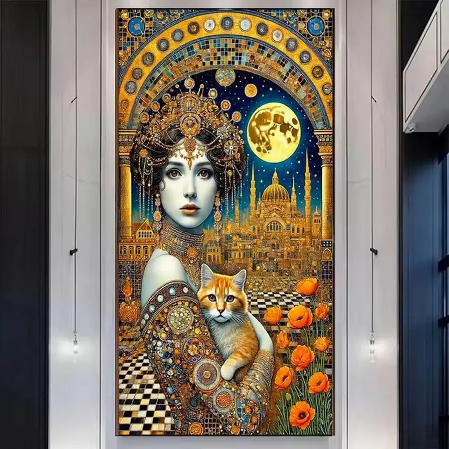 

Fullcang Large Size Diamond Painting Kits Klimt Style Beautiful Woman And Cat Diy Full Mosaic Embroidery Picture Wall Decor