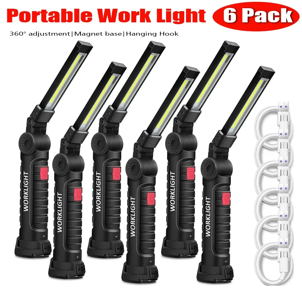 1-6PCS Magnetic Work Light w/ Hook,360° Rotating USB Rechargeable Flashlight,Hands Free for Garage Car Repair Emergency Camping