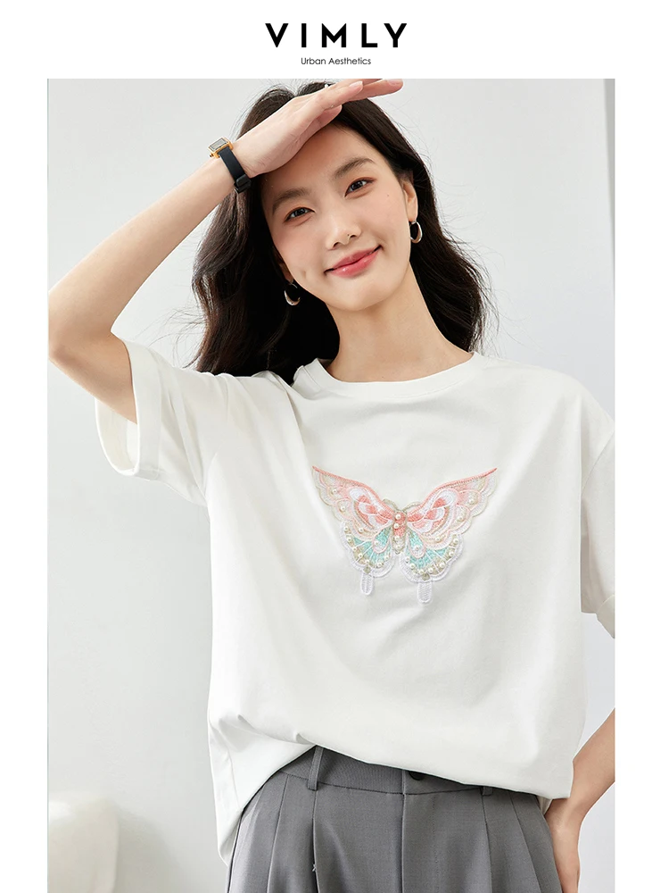 VIMLY Women's Cool Feeling White Short Sleeve Basic T-Shirt Summer Casual 3D Embroidery Butterfly Printed Loose Blouse Top