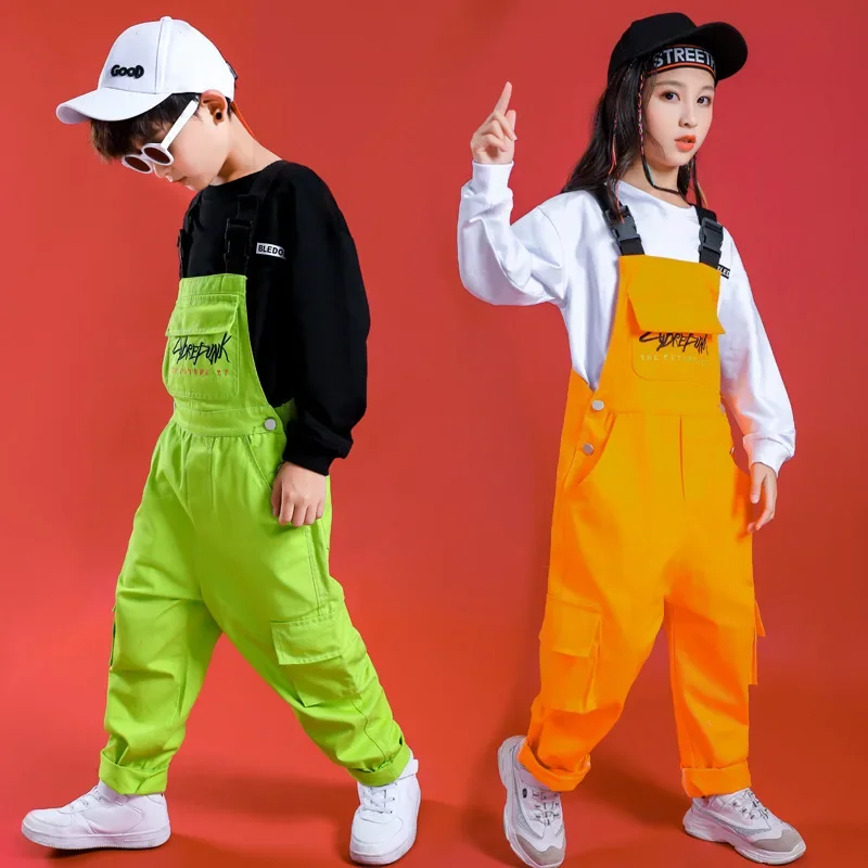 Hiphop Jazz Dance Kostuums Kids Lange Mouw Top Dunarees Jongens Meisjes Hip Hop Kleding Streetdance Podiumkleding