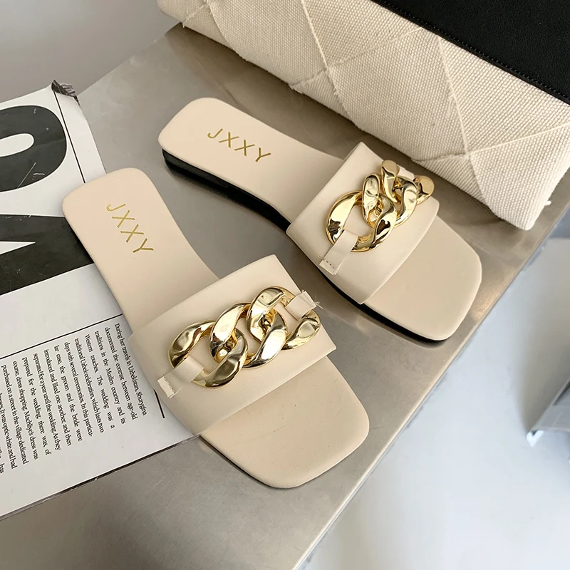 Zapatillas de moda con cadena y punta cuadrada para mujer, Sandalias planas, chanclas de playa, zapatos informales con decoraciรณn de Metal, novedad