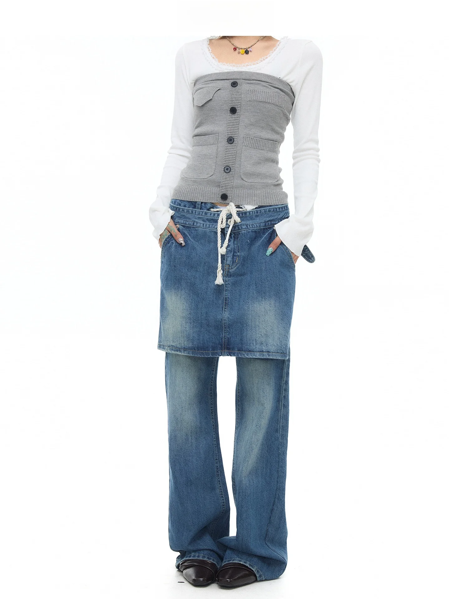 

Korean Sle Fake Two-Piece Denim Jeans Women's New Hot Girl Slimming Versatile Micro Flared Pants ASTRSK Ladies Jeans