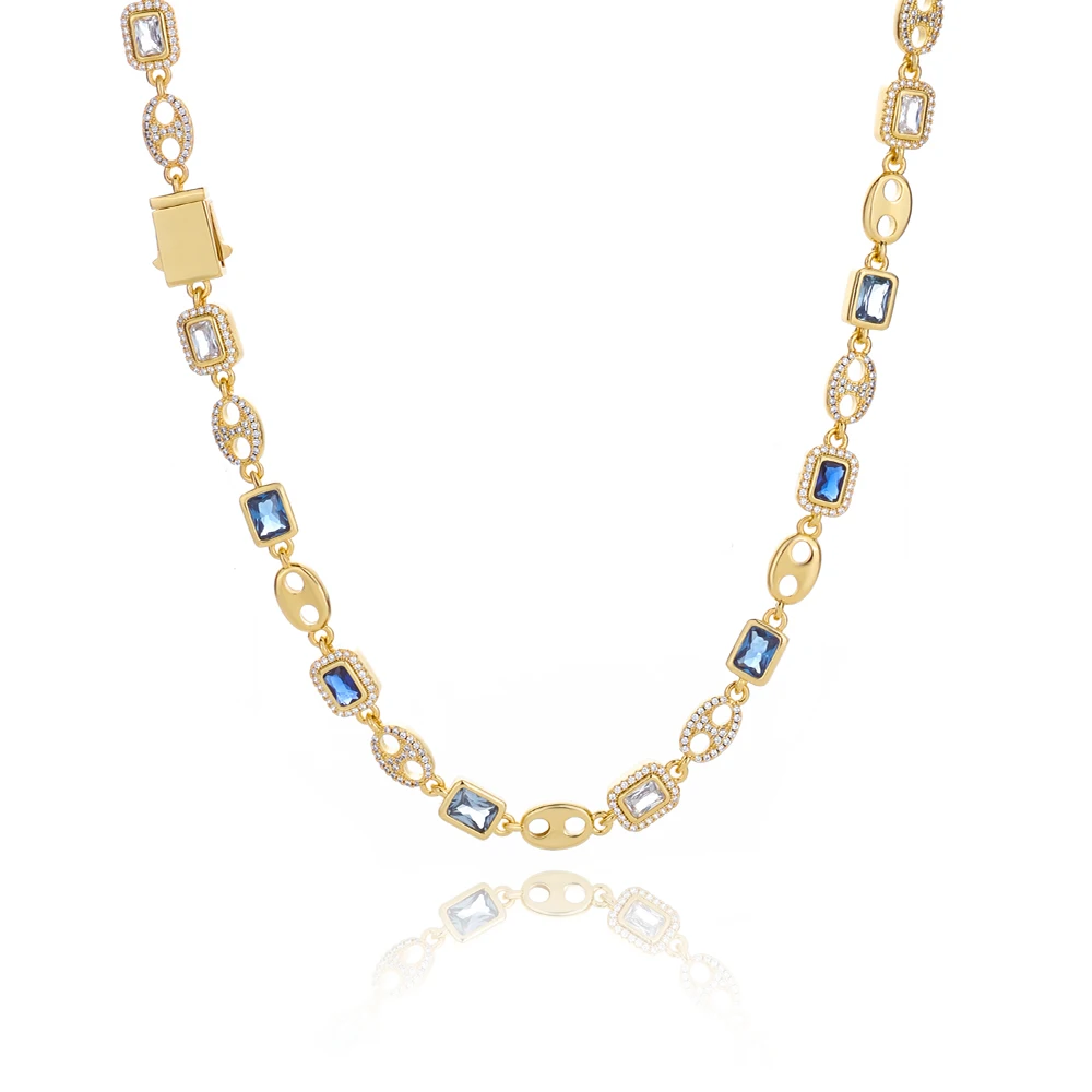 Exquisite Hip hop Necklace Women Charm Accessory Rectangular Blue Zircon Coffee Bean Shaped Gold Plated Silver Plated Chain - Image 3