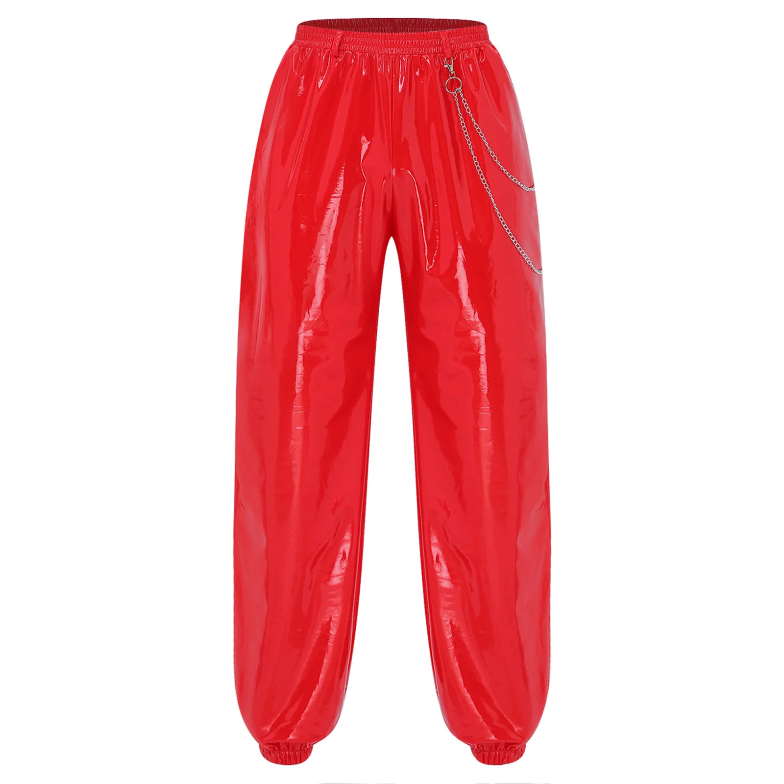 Men Glossy PU Leather Jogger Pants with Metal Chain Elastic Waist Loose Punk Trousers for Club Rave Party Motorcycle Clubwear view 3