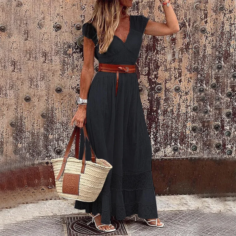 فستان نسائي طويل غير رسمي بلون سادة فستان صيفي مفرغ من الدانتيل ماكسي فيستدوس أنيق صيفي للحفلات المسائية فساتين فيستدوس