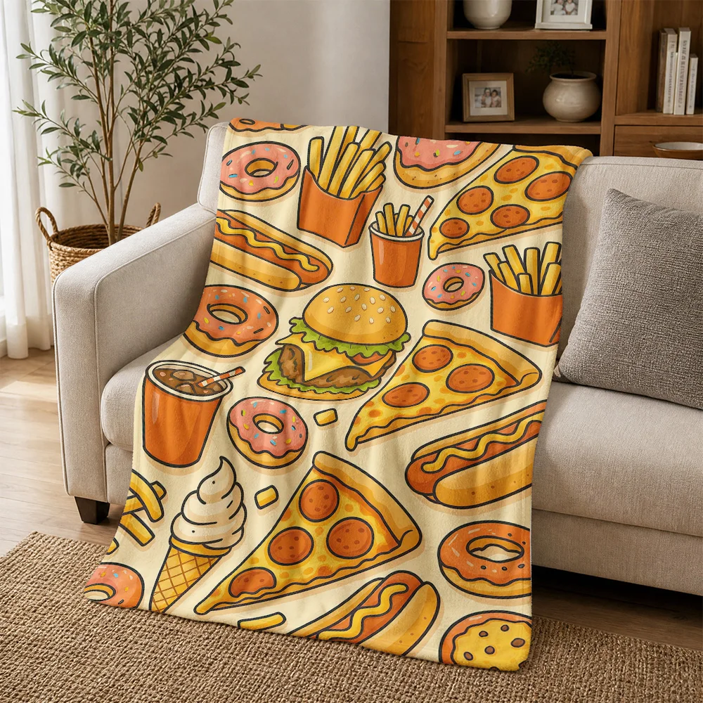 Fun Food Lover Throw Blanket Cartoon Pizza Burger Fries Donut Snack Pattern Cozy Couch Decor Gift