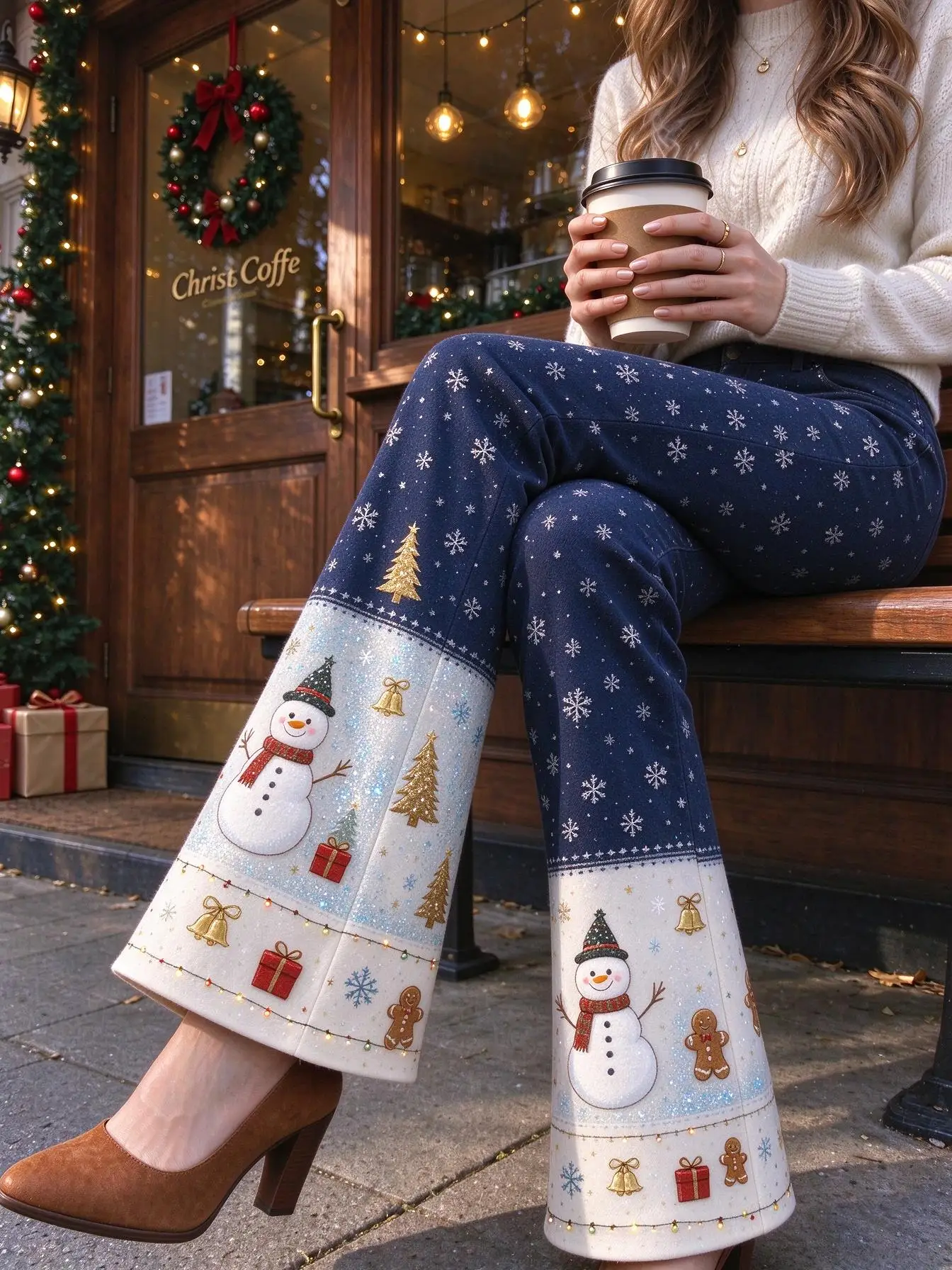 Women Mid-Rise Slim Flared Pants Christmas Brown Snowflake Snowman Xmas Tree Candy Cane Gift Print Stretch Bell Bottoms