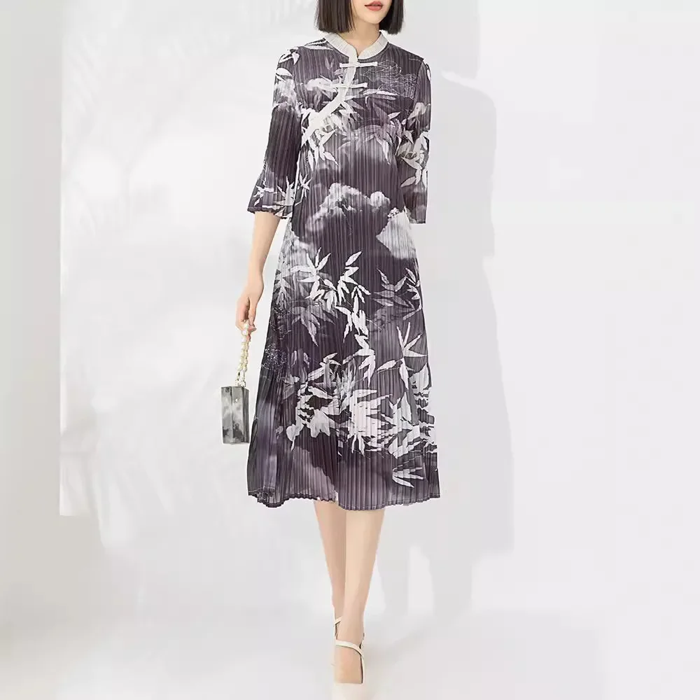 Pleats Original Pleated Retro Printing Cheongsam Paragraph Dress Women 2024 Spring New Flared Sleeves Collar Plate Dresses