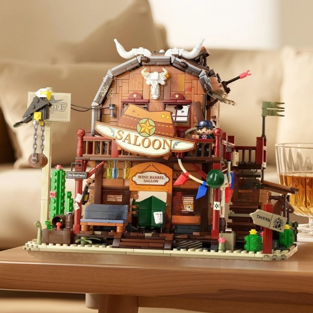 MOC Western Town Eiche Barrel Taverne Bausteine Set Wüste Hütte Saloon Bar Hotel Haus Idee Spielzeug Für Kinder Geburtstag Geschenke