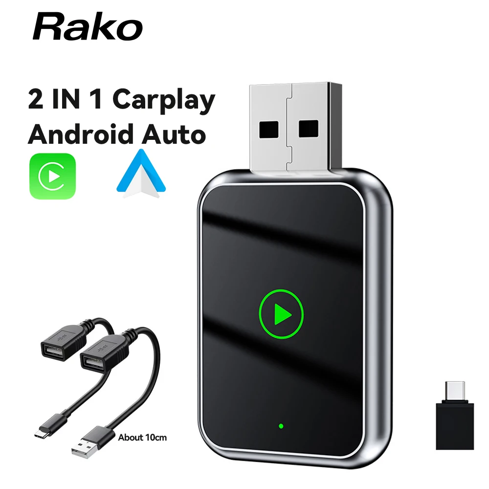 Rako Car Wireless CarPlay Adapter Wifi Bluetooth 2 IN 1 Android Auto AI Box Plug & Play USB Dongle for iPhone Original Cars