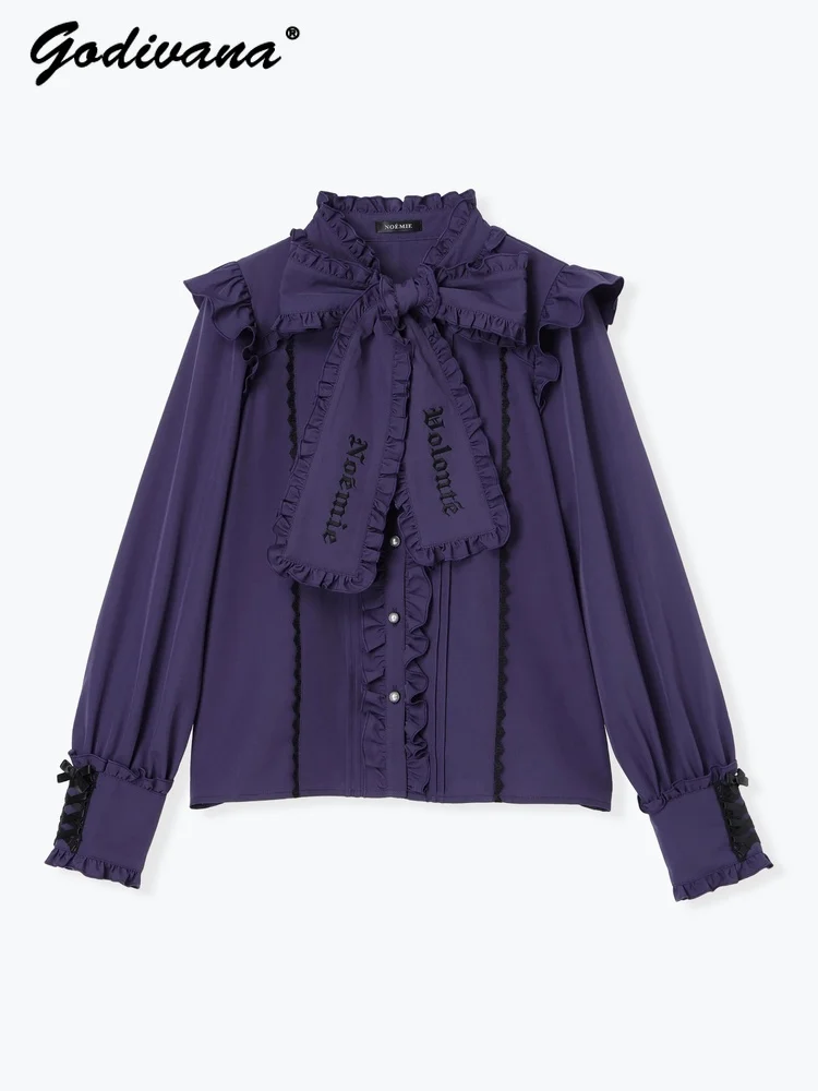 고딕 스타일 러플 레이스업 칼라 보타이 대량 생산 긴팔 셔츠 레터 자수 여성 블라우스 셔츠