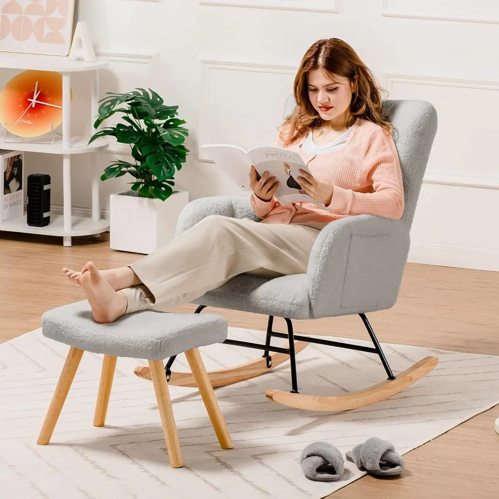 Nursery Rocking Chair with Footstool, Teddy Glider Rocking Chair with High Back Reading Chair for Bedroom, Living Room