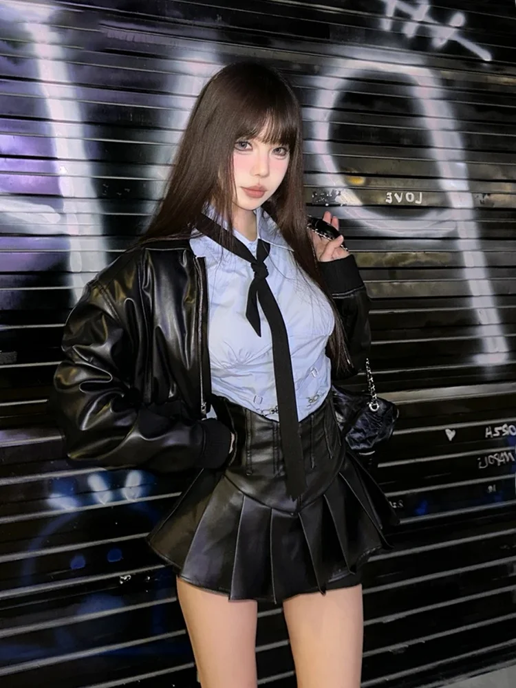 

plus Size American Sle Hot Girl School orm Plaid Skirt irt Women Autumn Winter Faion Set High Waist Leather Skirt