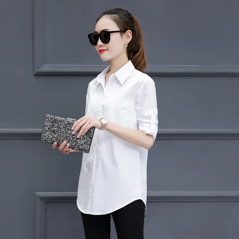 

Korean Solid Color Mid Length Shirts for Women Autumn Casual Loose Turn-Down Long Shirt Street Chic All-Match Basic Tops Mujer