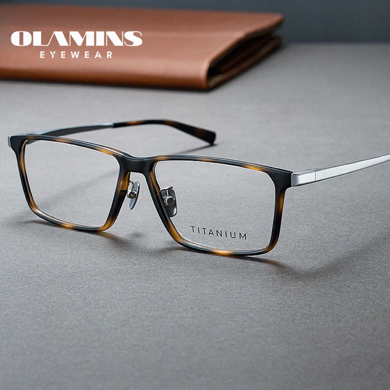 

OLAMINS​ Hot Sales Titanium Eyewear Ultra Light Square Business Board Eyeglass Frame For Men's Myopia Big Face