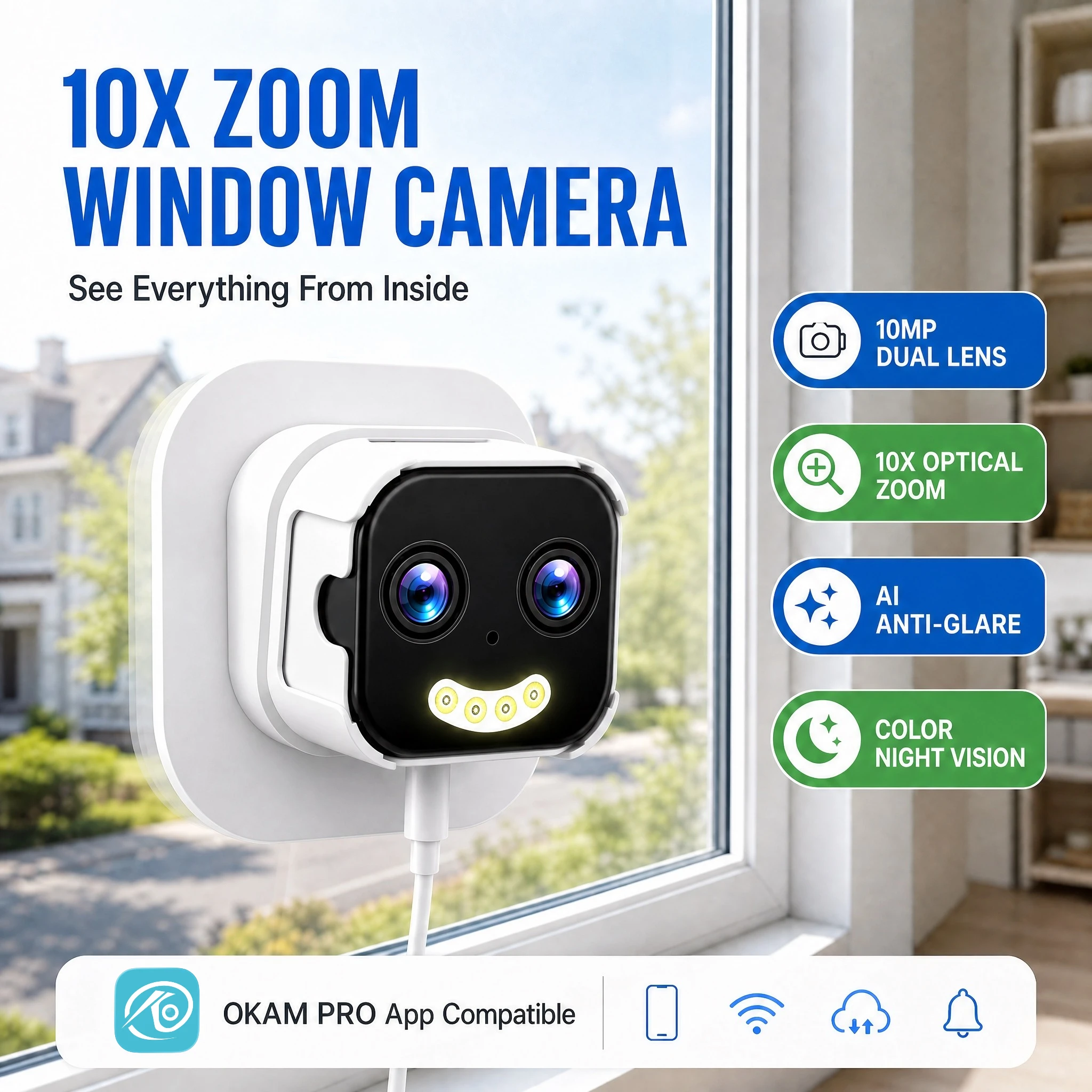 OKAM PRO Window Camera Dual Lens 10X ZOOM 5G WIFI Camera HD 10MP Dual Stand Night Vision Bidirectional Intercom Mobile Detection