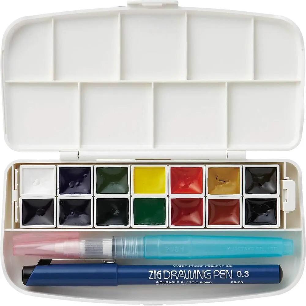 

WATERCOLOUR TRANSPARENT 14 colors set with fineliner pen and water brush pen, Portable, In a compact box, Vibrant waterc