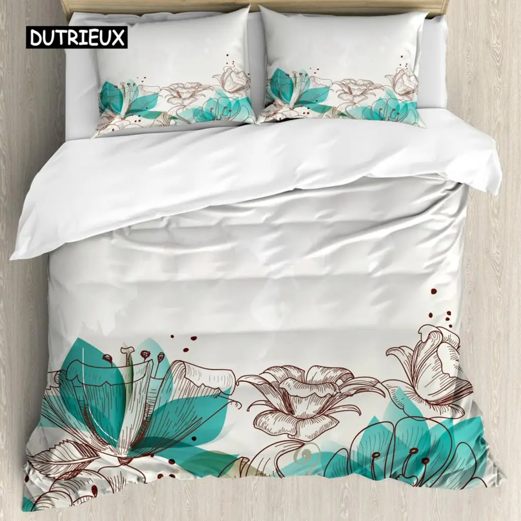 Turquoise Duvet Cover Set Retro Floral Background with Hibiscus Silhouettes Dramatic Romantic Nature Art Polyester Duvet Cover