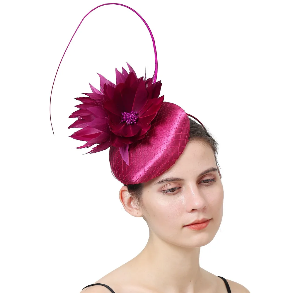 Rose Red Feather Wedding Fascinators Hat Headband Lady Occasion Church Headwear Women Headpiece For Femal Party Hair Accessories