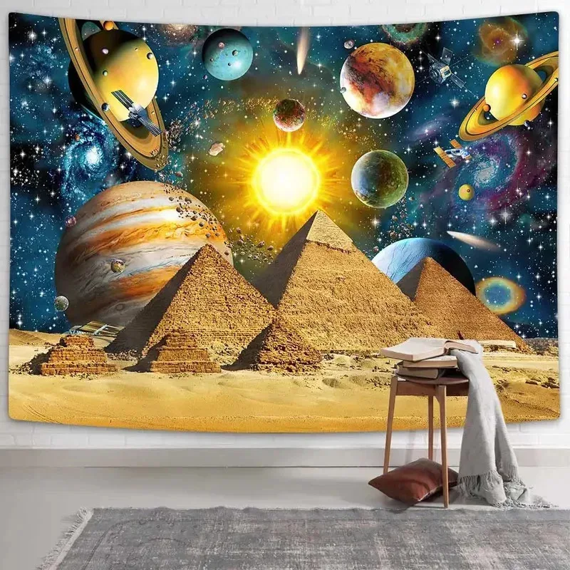 VIKAMA Cosmic Sci-Fi Pyramid Tapestry Starry Sky Planets + Egyptian Pyramid Elements Bedroom Esports Room Wall Decorat Tapestry