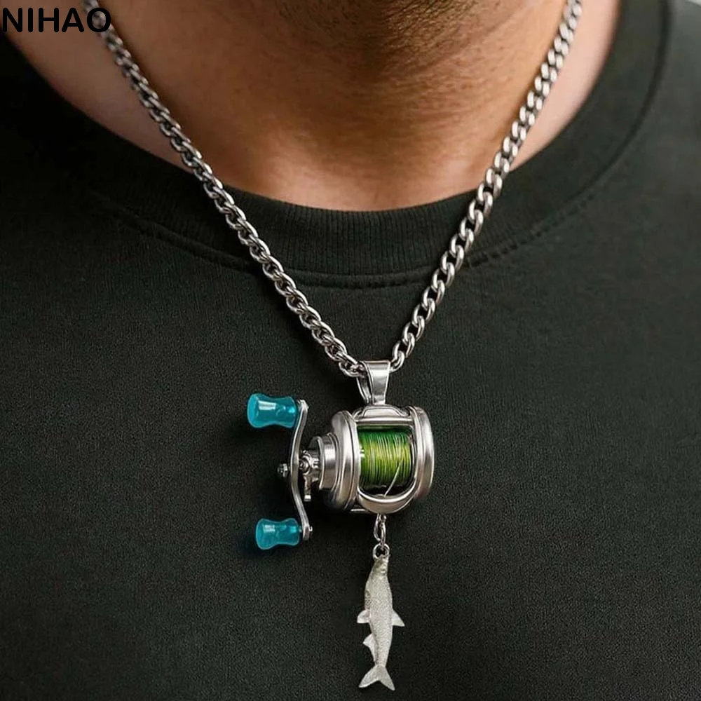 Luxury Fishing Reel Necklace Rotatable Detachable Fishing Reel Ring Exquisite Silver Men Neck Pendant Versatile Jewelry