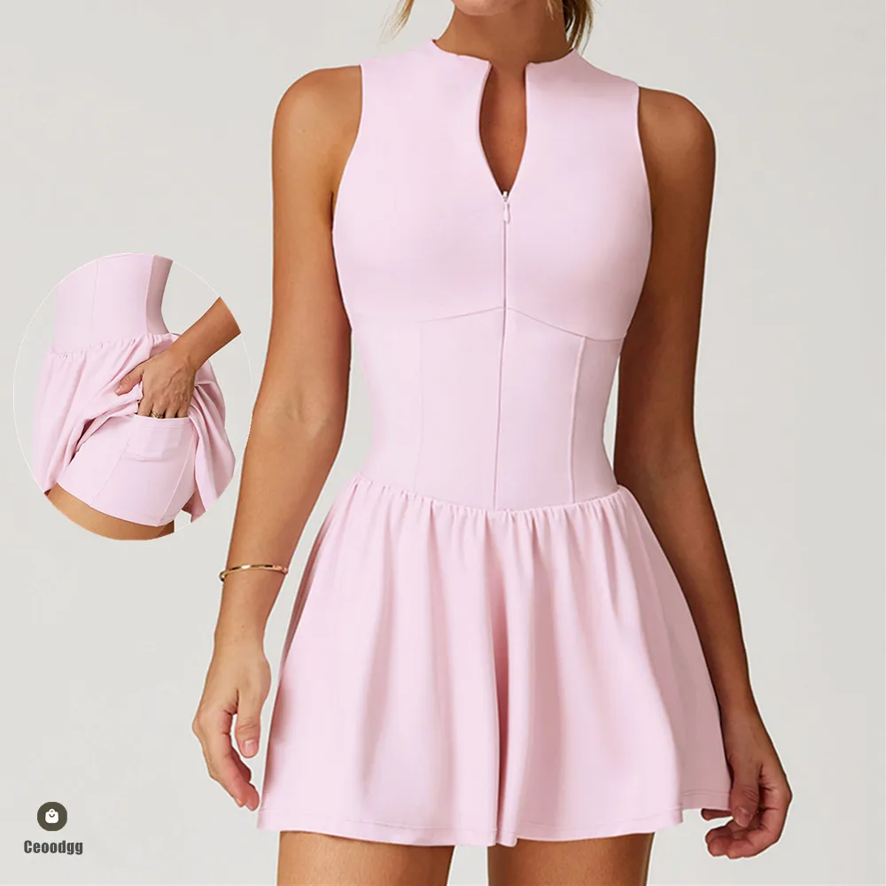 

Pad Zipper Sleeveless Women Yoga Set Bodysuit Gym Jumpsuits Push-up Workout Tracksuit tennis skirt Dance Clothes XP195