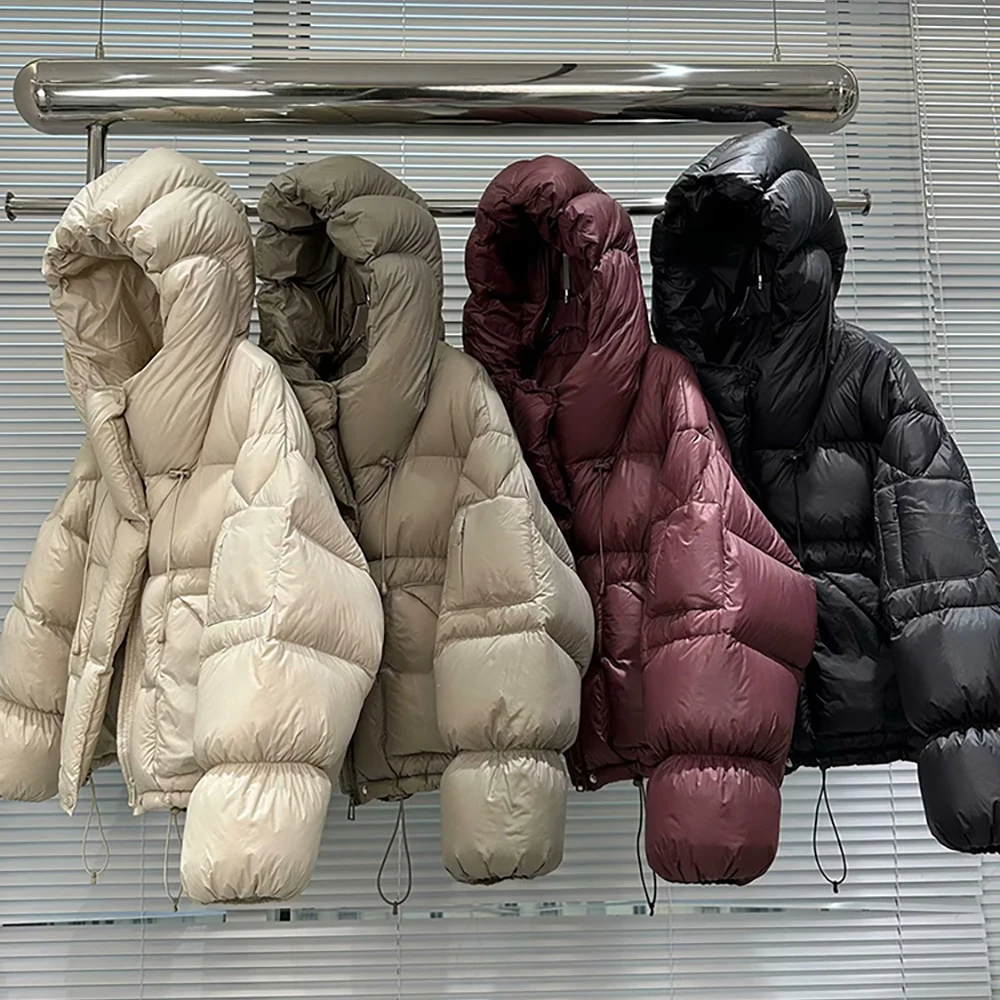 

Casual Loose Hooded Down Coats Women Winter Thick Warm Parkas Overcoats Puffy Bread Down Jackets Simple Solid Color Outerwear