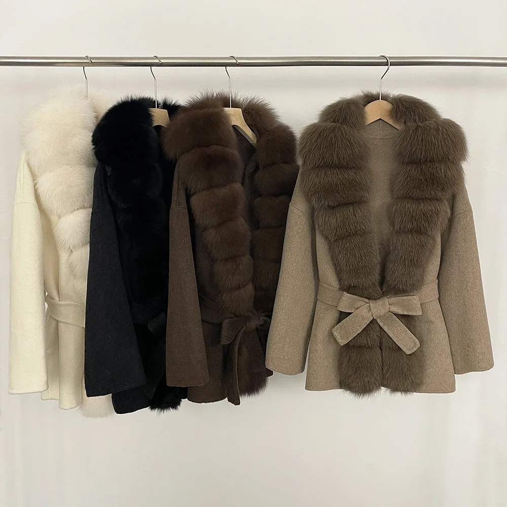 Laine laine manteau automne femme chaud nouvelle mode laine mélange chaud fourrure de renard manteau hiver femmes vêtements pour femmes vraie fourrure veste