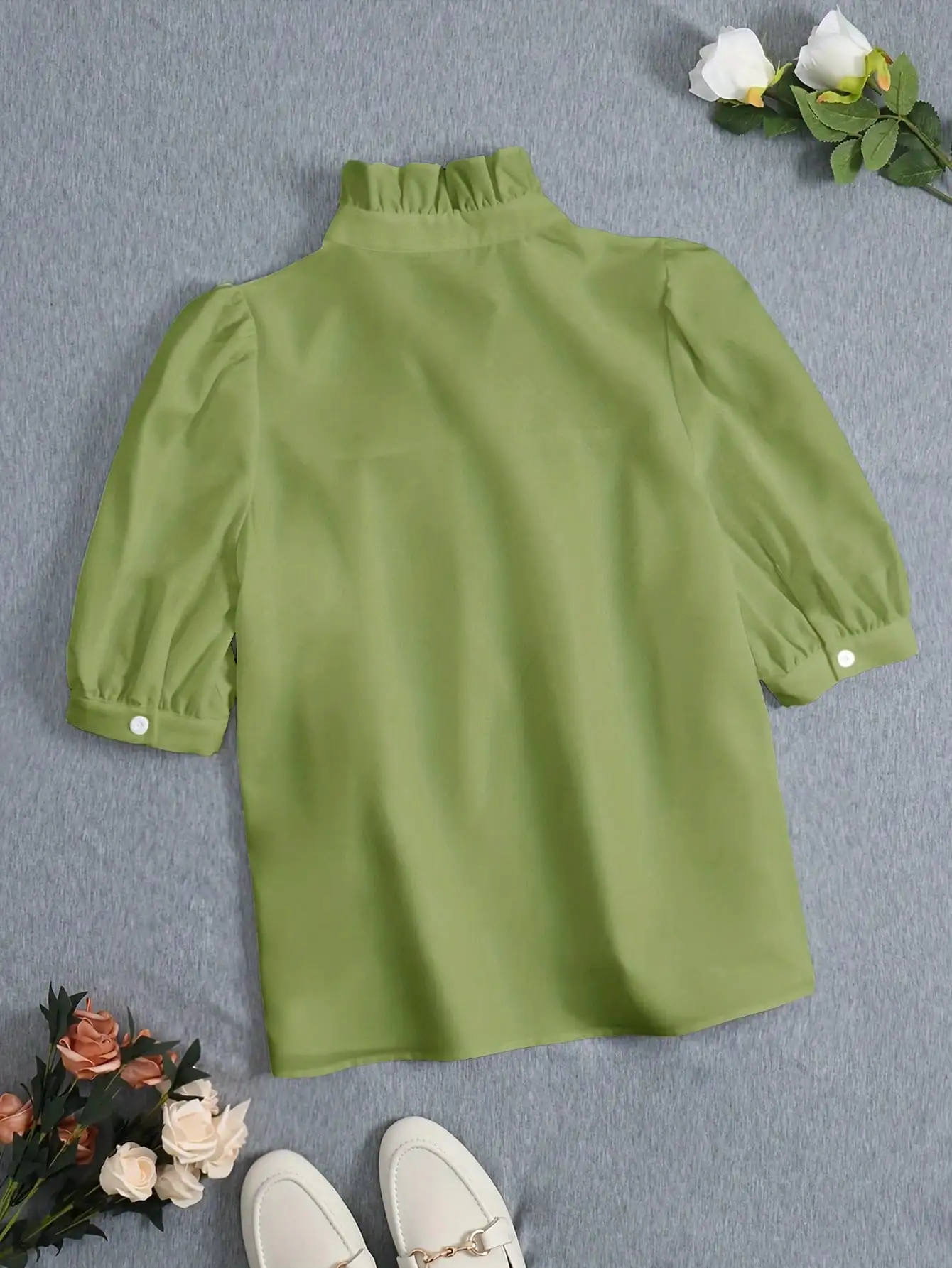 

French Style Women's Blouse With Ruffled Collar And Puff Sleeve