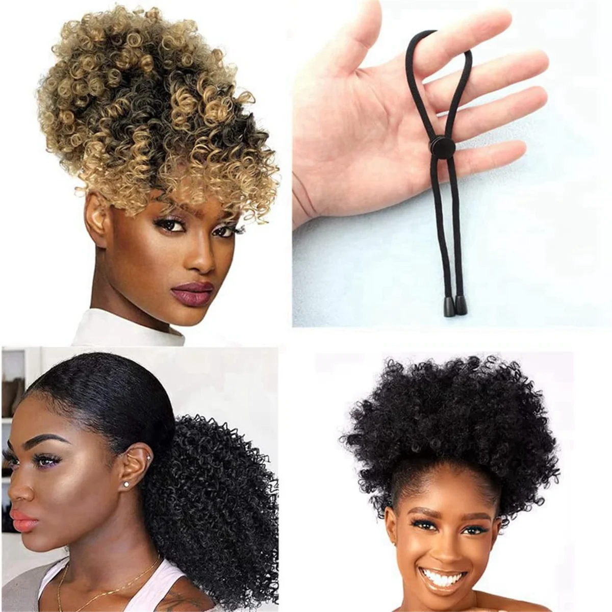 ABQR 6PC Afro Puff Ponytail Ties Adjustable Hair Ties Long Hairband for Thick Natural Curly Hair Bun Long Headband Ties