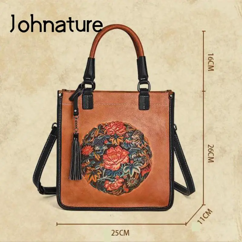 Borsa da donna in vera pelle goffrata retrò stile cinese Johnature 2024 nuove borse a tracolla versatili in vera pelle bovina di grande capacità