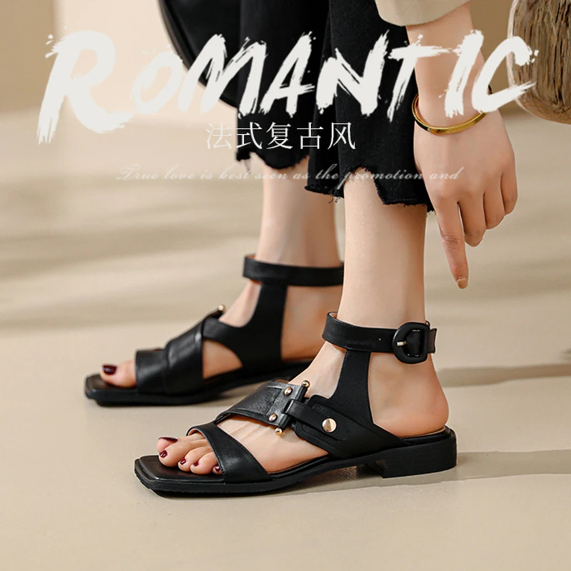 2026 new summer women sandals natural leather 22-25cm cowhide+microfiber+sheepskin hollow-out ankle-buckle women shoes fashion