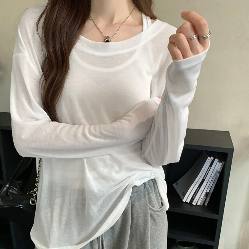 New Lazy Loose Fit Thin Sleeveless Vest Long Sleeve T-Shirt Two Piece Set Women's Spring Summer Design Sun Protection Cover up