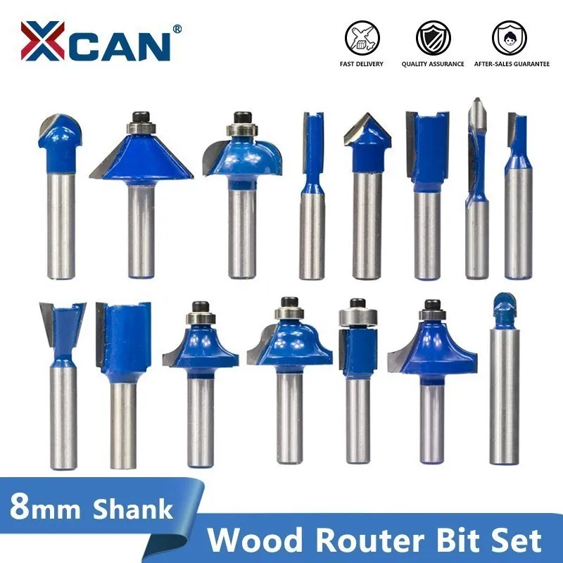 XCAN 8mm Shank Router Bit Set 12/15pcs Tungsten Carbide Wood Cutter Mill Trimming Straight Milling Cutter for Woodworking