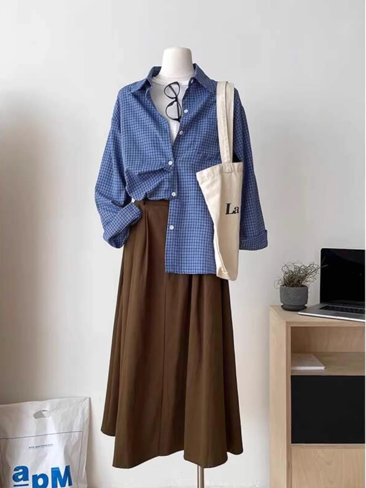 Retro Blue Plaid Men's Shirt Early Spring Lazy Style Loose Casual Layering Long Sleeve Shirt Jacket Trendy Youth Fashion
