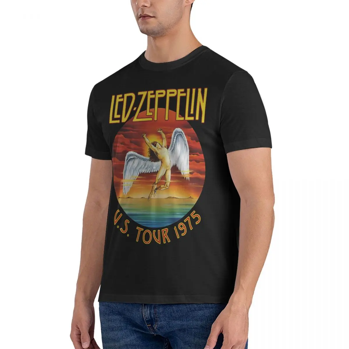 Tour T-Shirts Men L-Led Band Zepelins Vintage 100% Cotton Tee Shirt Crew Neck Short Sleeve T Shirts Graphic Printed Clothes