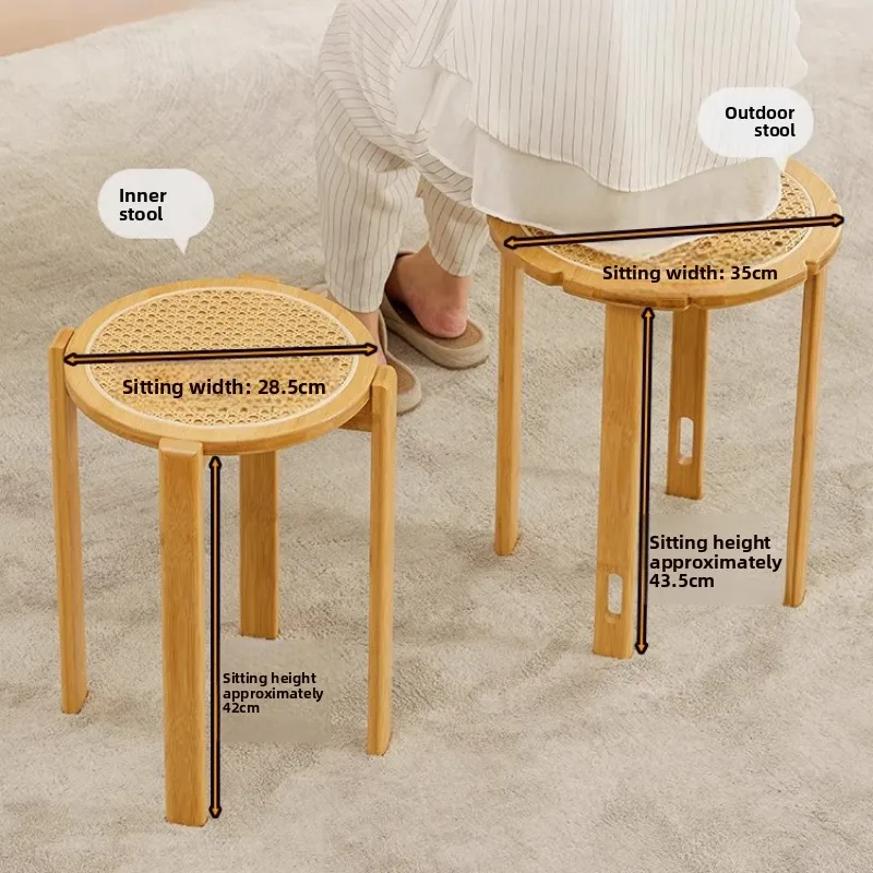 Woven Rattan Stackable Side Table Stool Ergonomic Seat Height Ottoman Multi-Functional Nesting Storage for Living Room