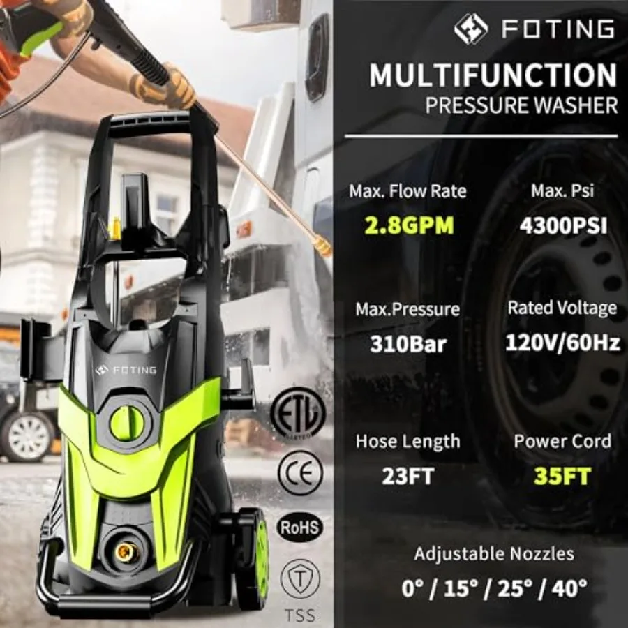 2025 ترقية غسالة الضغط 4300PSI مع 4 فوهات التوصيل السريع مدخل خرطوم مرشح رغوة مدفع للسيارات الأسوار الممرات المنزلية