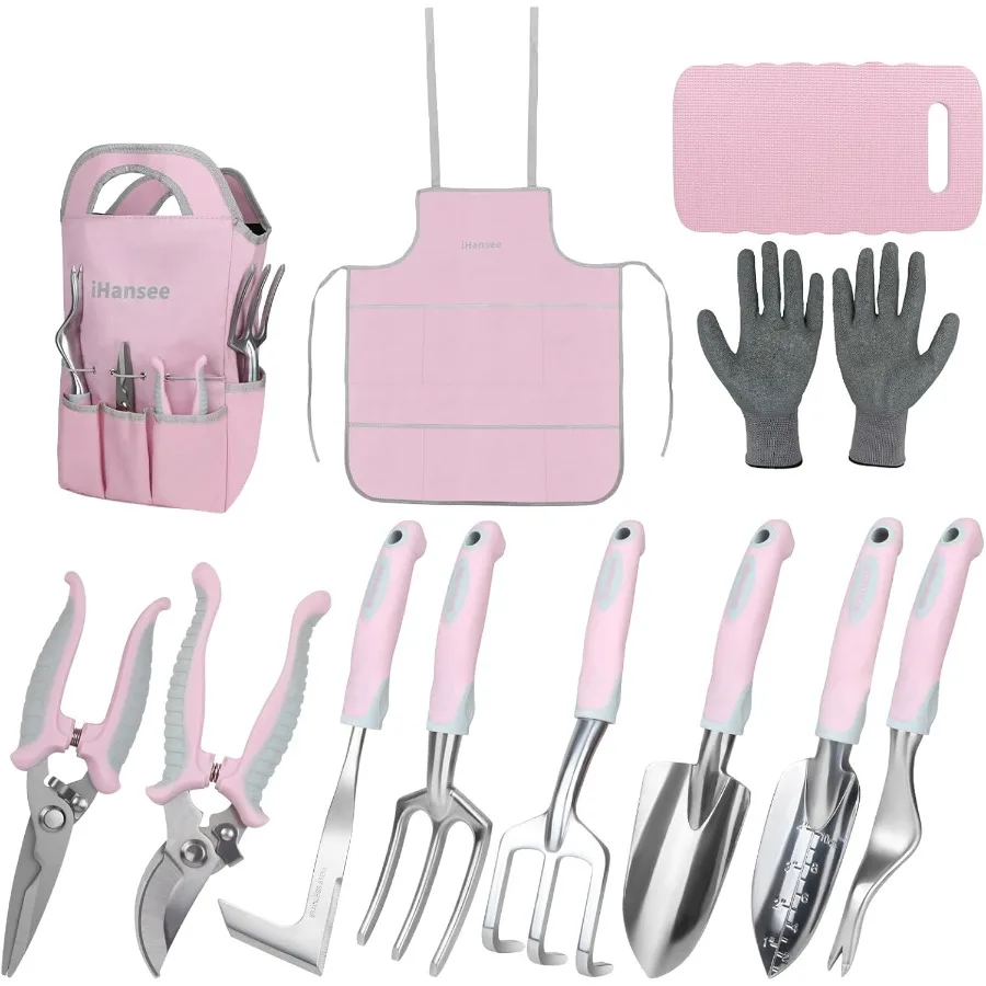 

Pink Garden Tool Set 12 Pieces iHansee Aluminum Gardening Hand Tools with NonSlip Handle Kneeling Pad Apron Gloves and Organize